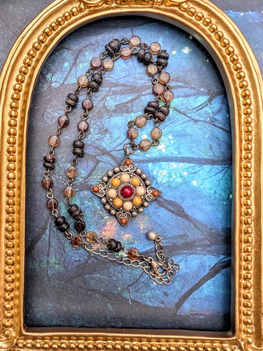 Boho Vintage Medallion Pendant on Earth Tone Beaded Chain